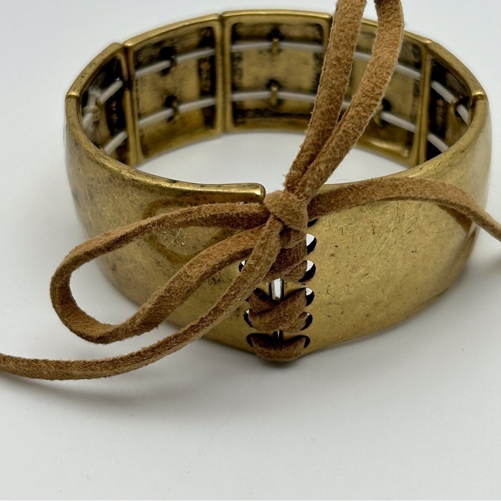 Boho Gold Tone Square Stretch Bracelet with Leather Lace Tie Up Design